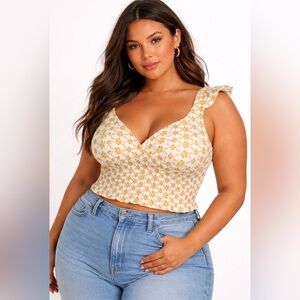 LPA Maggi Smocked Floral Crop Top Yellow White Ruffle Feminine Romantic XL